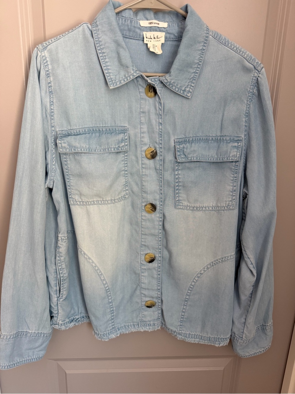 Nicole Miller New York Blue Button Front Short Jacket Pockets Collar L